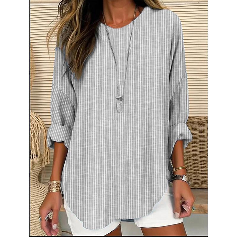 Spring Fashion Womens Striped Cotton Linen Shirt With Patching For Casual Wear
