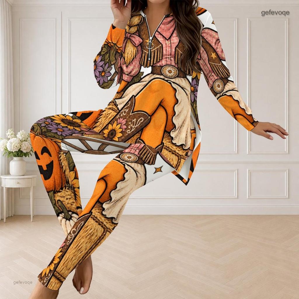 Women Plus Size Halloween Cartoon Printed Half Zip Long Sleeve Top And Fitted Pants Two Piece Set