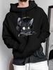 Unisex Hoodie, Casual Daily Wear, Cute Black Cat with Headphones Graphic Print, Pullover Sweatshirt, Streetwear Style, Autumn Winter Season, Front Poc