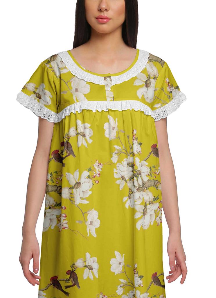 Moomaya Printed Short Sleeve Knee Length Nightdress Round Neck Sleepwear