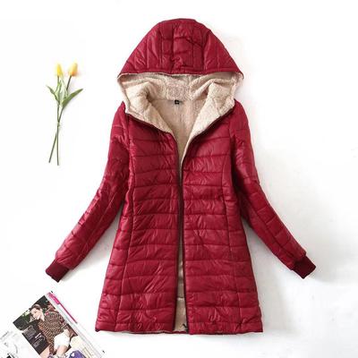 European & American Mid-Length Hooded Lambskin Cotton Coat for Women - Warm, Plus Size, Autumn & Winter Top