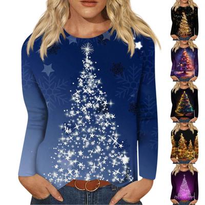 Women's Fashion Casual Long Sleeve Christmas Printing Round Neck T-shirt Top