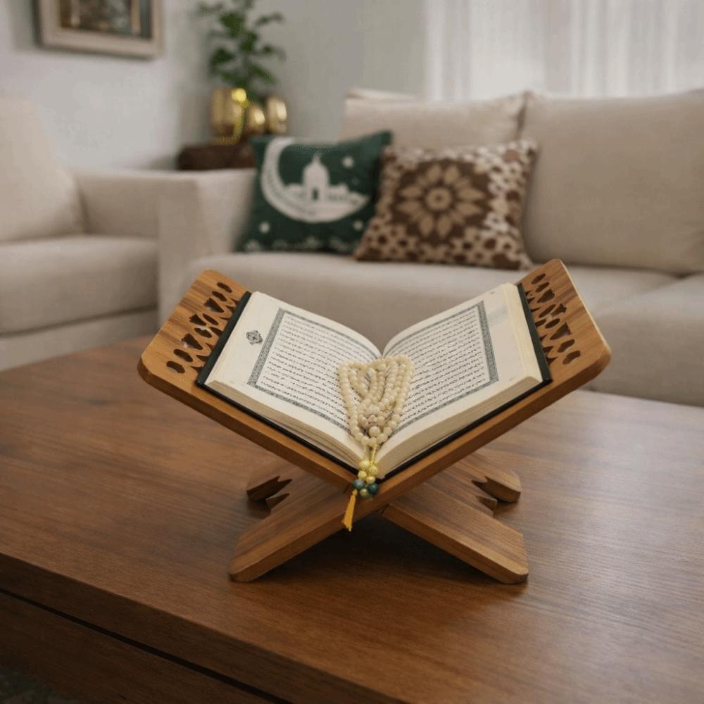 Flower Pattern Wooden Quran Holder Elegant Style Detachable Holy Book Shelf Hollow Out Recipe Storage Rack Office