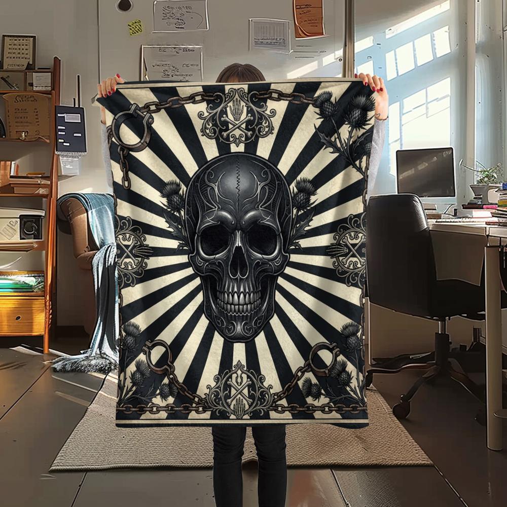 1Pc Skull Print Flannel Blanket, High quality Comfortable for All Seasons, Home Decor, Warmth and Comfort, Perfect for Christmas Gifts W52