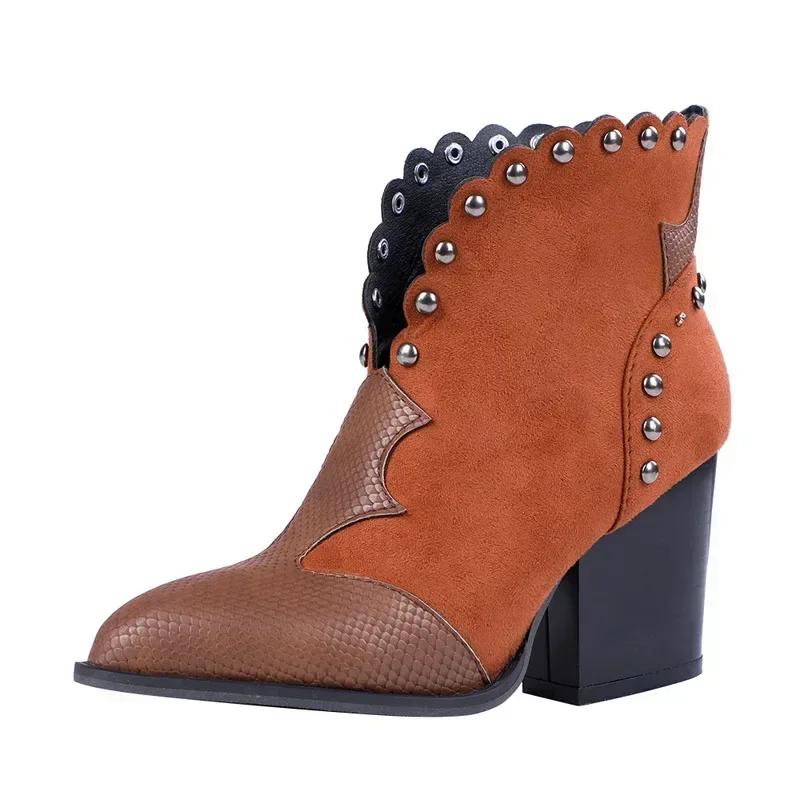 Female Autumn Winter Lace PU Leather Cowboy Ankle Boots Snake Print Western Cowgirl Boot Women Wedge High Heel Booties