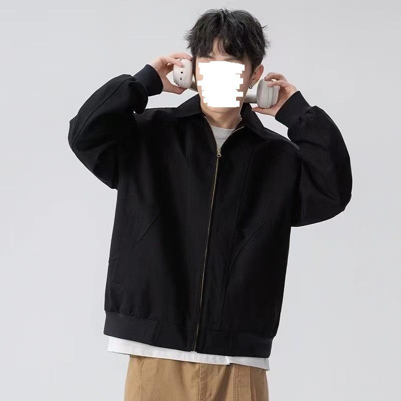 Men's American Retro Versatile Loose Jacket - Autumn Solid Color Fashion with Simple Lapel and Zipper