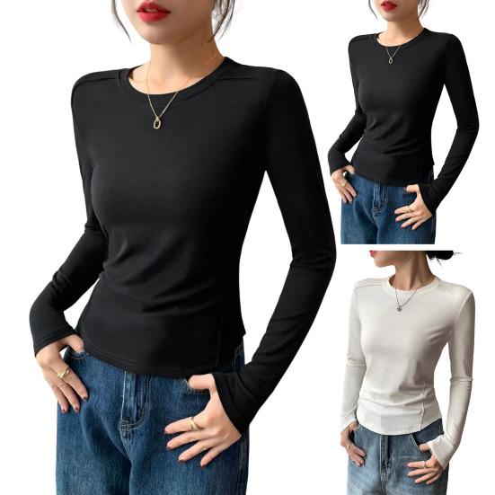 Women Bottom Tops Round Neck Long Sleeve Slim Fit Base Shirt Solid