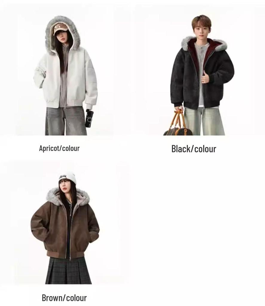 Unisex Double-Sided Wear Snow Eagle Fur Collar Hooded Jacket - Warm Cotton Autumn/Winter Plus Velvet Couples Design