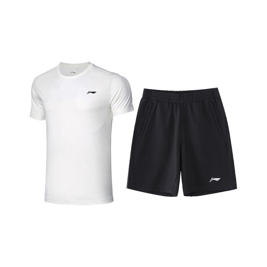 Li Ning Plain Logo Breathable Quick-Dry Round Neck Sports Short Sleeve T-Shirt And Shorts Set Men Tops White Black ATSS447-3+AKSS481-2