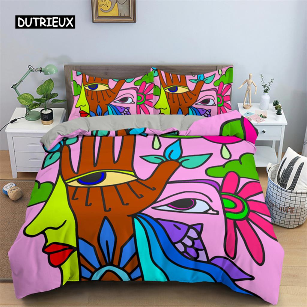 Abstrakte menschliche Gesichter Bettbezug Twin Full King Double Mikrofaser Mystische Kunstwerk Bettbezug Psychedelische Graffiti Bettwäscheset