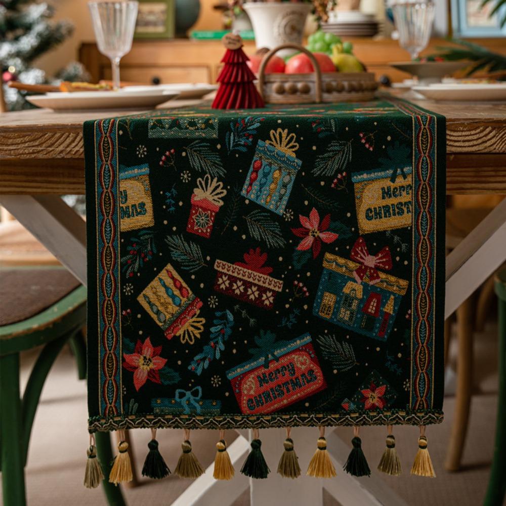 Christmas Snowman Jacquard Table Runner with Fringe Polyester Home Decor Tablecloth Bedspread