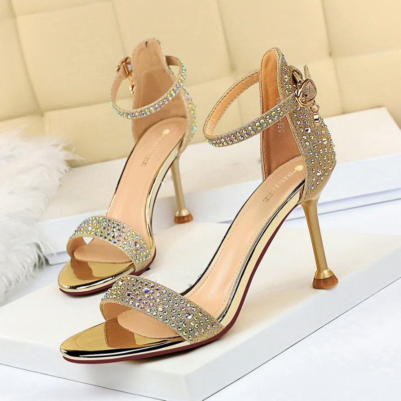 Fashion Rhinestone High Heels Women Pumps Sexy Kitten Heels Party Shoes Open Toe Women Sandals Heel Stiletto Wedding Sandalias De Mujer