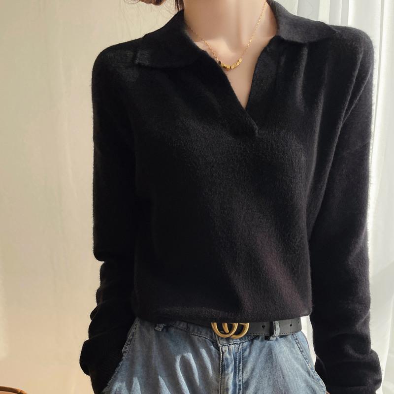 POLO-Kragen Strickpullover Damen Herbst und Winter Modischer Lockerer Pullover Vielseitiger Einfarbiger Freizeitpullover