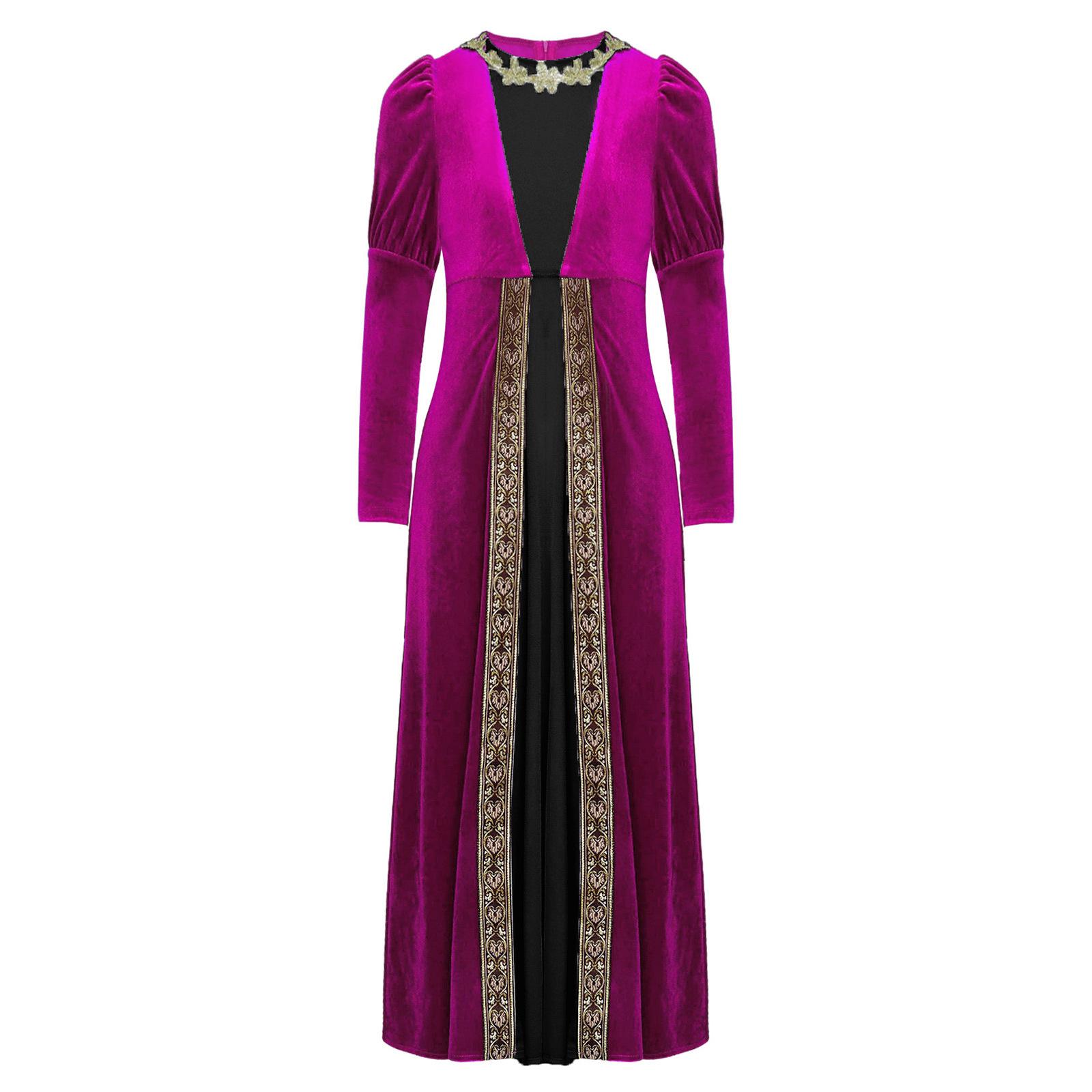 

Girls Renaissance Princess Dress Medieval Velvet Costume Long Sleeve Gold Flower Patchwork Retro Roman Gown 5-6 Years