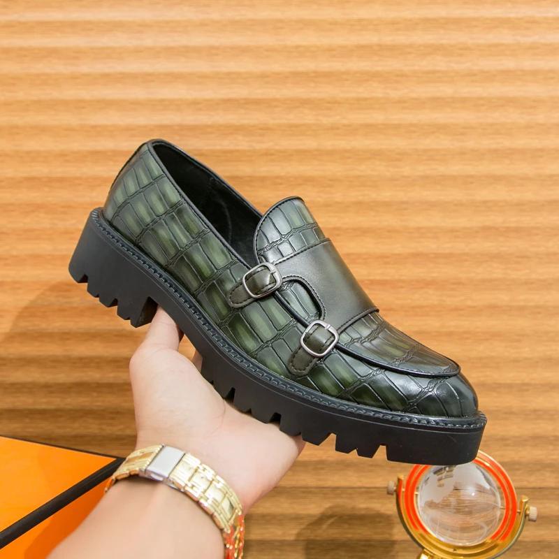 Fashion 2025 Street Fashion Men's Loafers Thick Sole Big Toe Shoes Trend Green Party Dress Shoes Men's Genuine Leather Casual Shoes Male