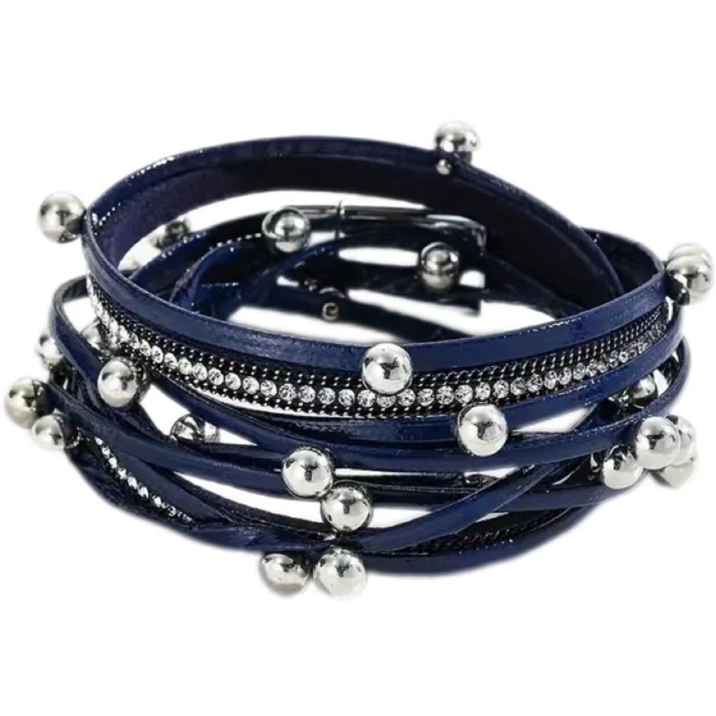 Women's Fashion Rhinestone Leopard Print Multi-Layer Magnetic PU Leather Bracelet