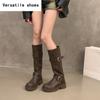 Winter Women Knee High Boots Fashion Belt Buckle Knight Long Booties Designer Square Heels Botas De Mujer