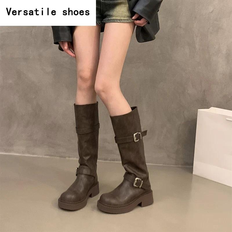 Winter Women Knee High Boots Fashion Belt Buckle Knight Long Booties Designer Square Heels Botas De Mujer