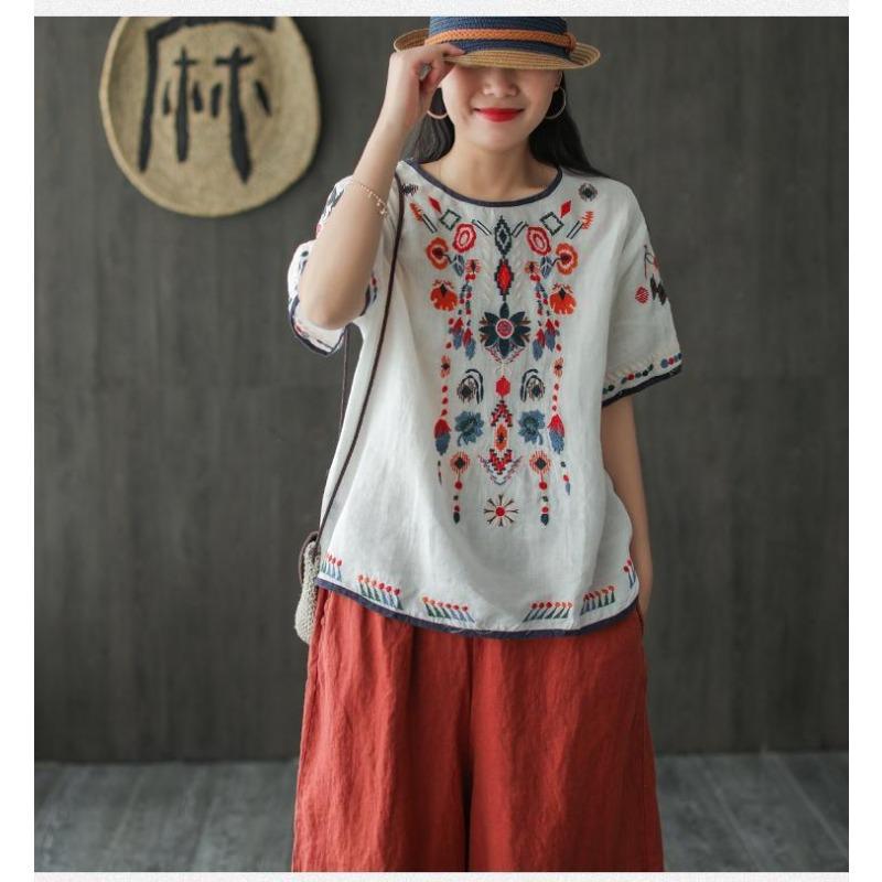 Ethnic Style Cotton and Linen Embroidered T-shirt for Women Summer Retro Loose Versatile Short-sleeved Top