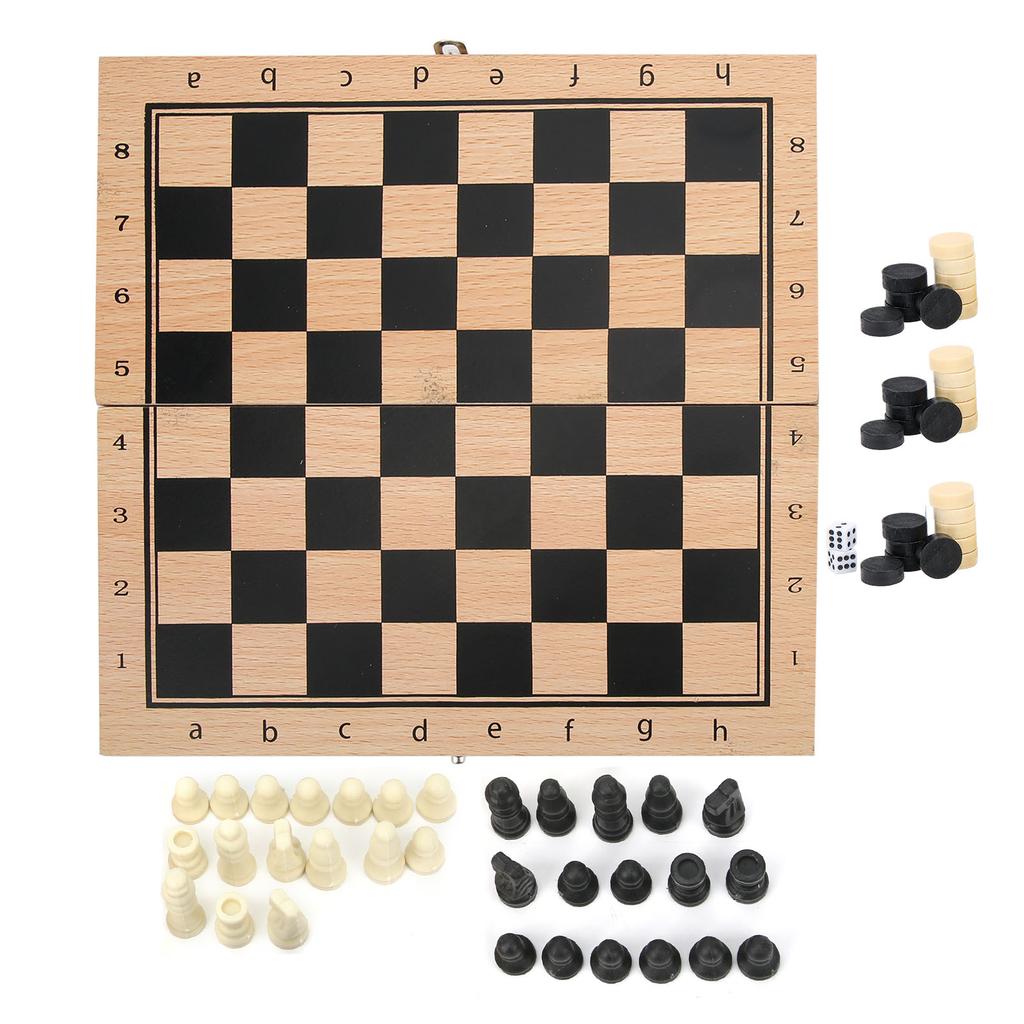3‑In‑1 Wooden Chess Checkers Folding Portable Interactive Chess Board Toy