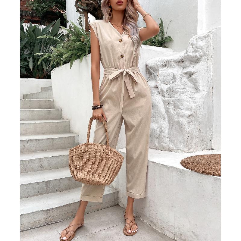 2026 Summer Sleeveless V-Neck Nine-Point Waist-Cinching Women's Casual Versatile Jumpsuit