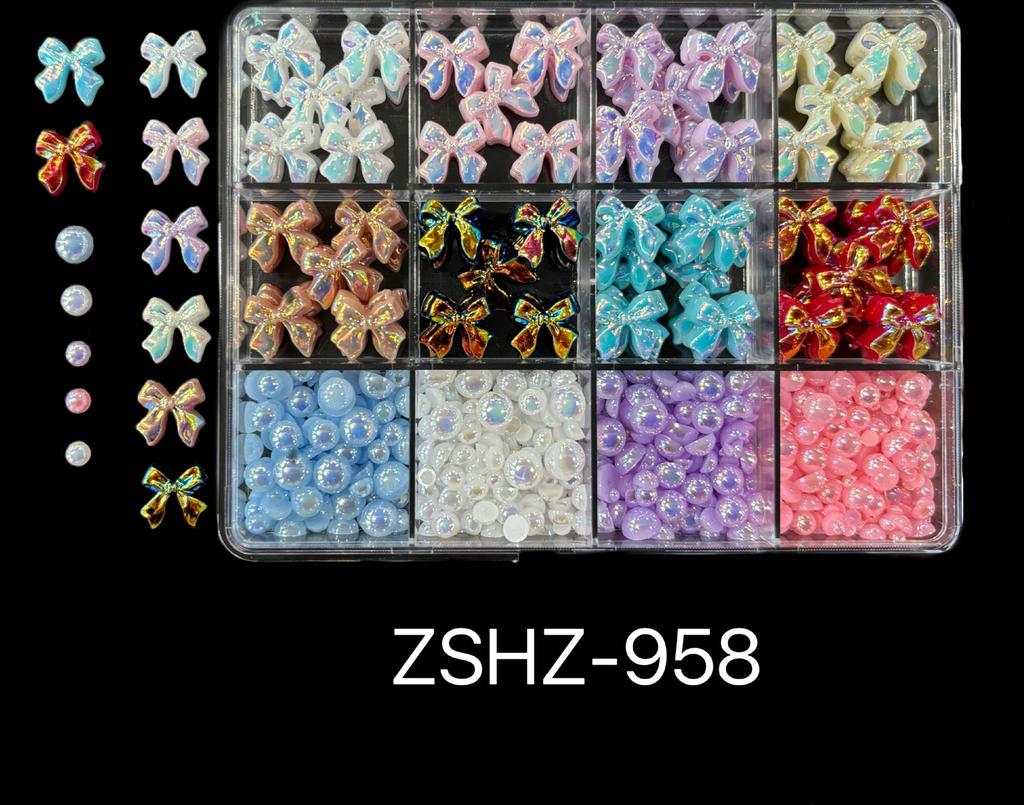 12-Grid Streamer Bow Tie Christmas White Red Resin Bow Nail Jewelry Mixed Set Diy