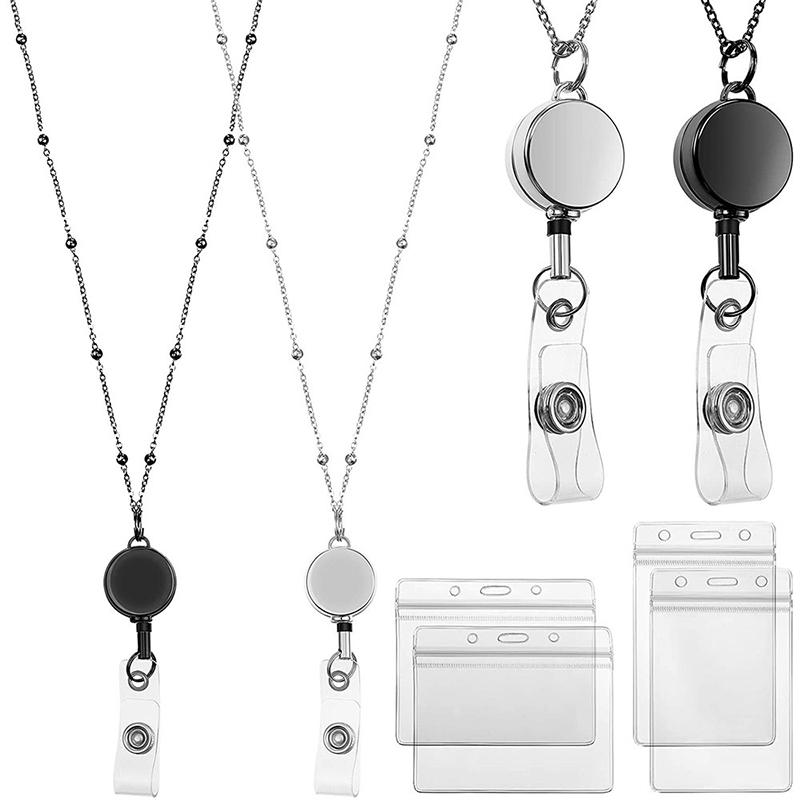 Retractable Badge Reel Lanyard Id Card Holders Plastic Chain Necklaces Keychain Clip For Women Men Employee