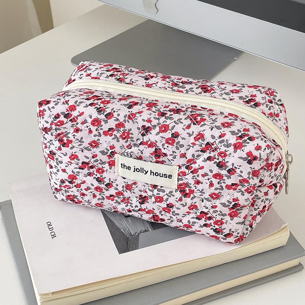 

Fashion Flower Quilted Makeup Storage Bag Portable Travel Organizer Cosmetic Toiletry Pouch Cute Make Up Handbag Floral Bags червоний