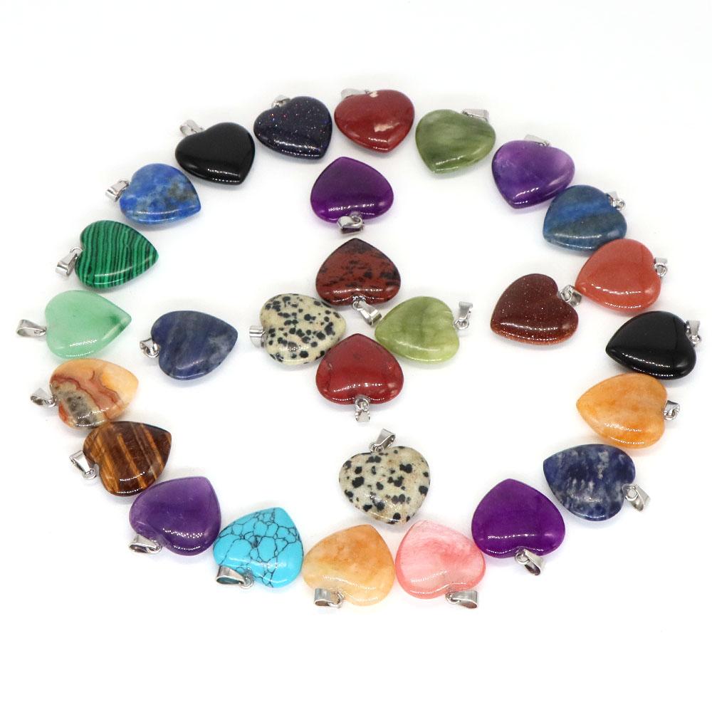 10PC/Set Love Heart Shaped Pendant Natural Stone Rose Quartz Crystal Turquoise Tiger Eye Aventurine Jewelry Making Necklace 20mm