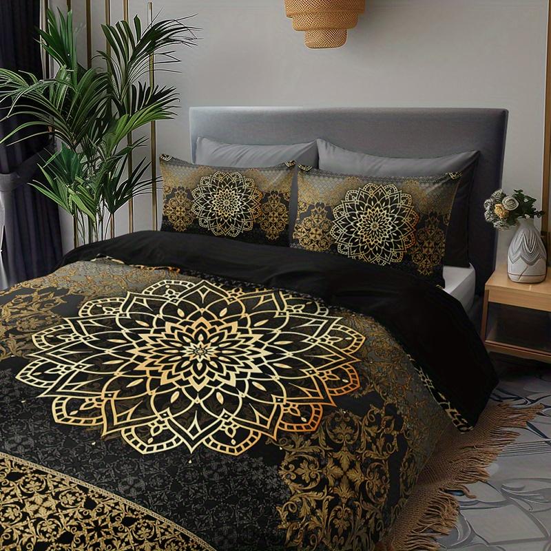 3Pcs Mandala Luxury Golden Black Bedding Duvet Cover Set Bohemian Bedding Quilt Set Mandala Themed Bed Quilt Set Black Golden