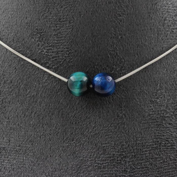 Collier - ABIJOUX - Oeil de Tigre bleu clair - 2 perles 8 mm - Acier inoxydable - 45 cm