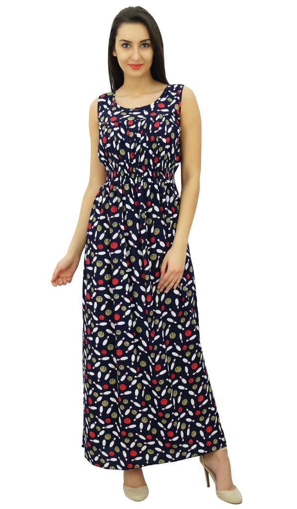 Bimba Women's Casual Bowling Print Round Neck Elastic Waist Maxi Summer