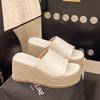 Slope heel cool slippers women's new summer fashion thick-bottomed versatile small straw-woven one-word slippers