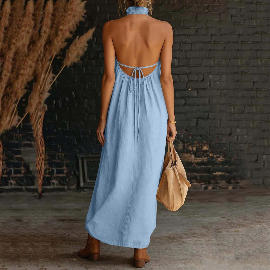 Women V Neck Sleeveless Maxi Dress Loose Fit Backless Casual Sundress with Pockets for Daily Wear Beach Vacation
