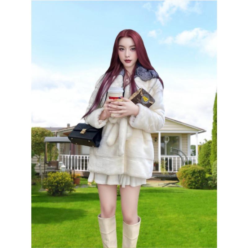 

Autumn and winter new chinchilla splicing Danish mink environmentally friendly fur coat hooded women s lace-up coat S