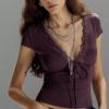 Short Sleeve Bottoming T-shirt Lace Camisole Elegant Slim Crop Tops  Spicy Girl