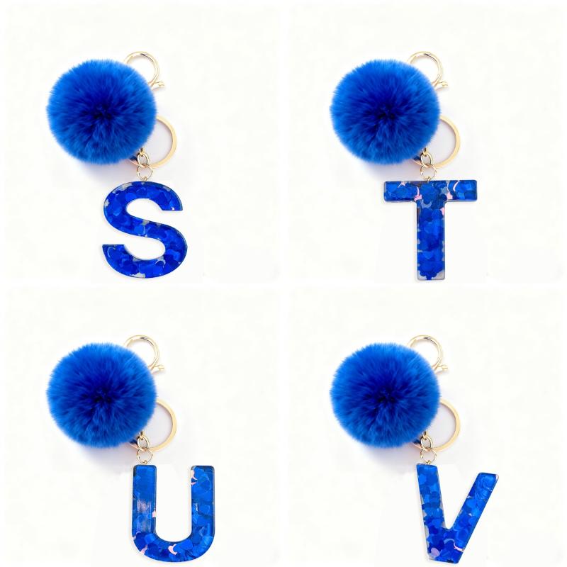 A-Z Initial Letter Blue Resin Keychain Cute Hairball Pendant Keyring Car Key Holders Backpack Charm Accessories Gift