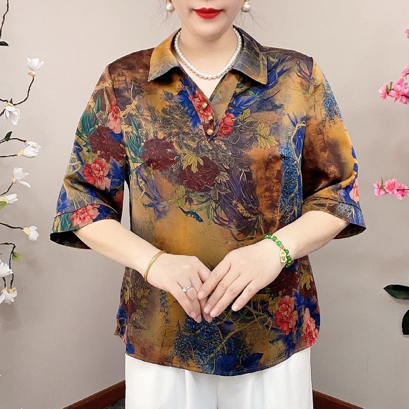 Spring and Summer Women's Plus Size Shirt Loose Retro Printed Three-Quarter Sleeve Shirt Top