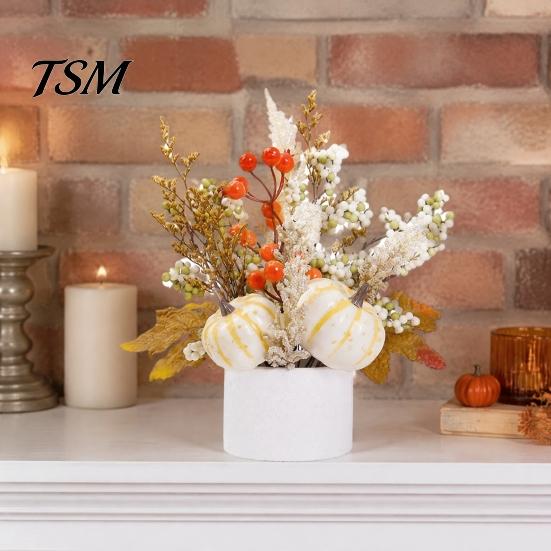 Simulation Dried Flowers Arrangement Fall Pumpkin Flower Arrangement, Artificial Maple Berry Potted Plant Autumn Theme Souvenir Gift for Thanksgiving,
