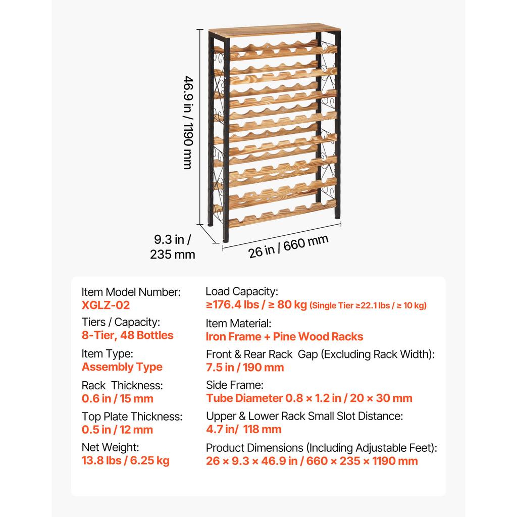 SucceBuy 48 Bottle Wine Rack 8-Tier Iron Wine Bottle Holder With Wood Table Top For Kitchen Pantry Bar 26''L X 9.3''W X 46.9''H