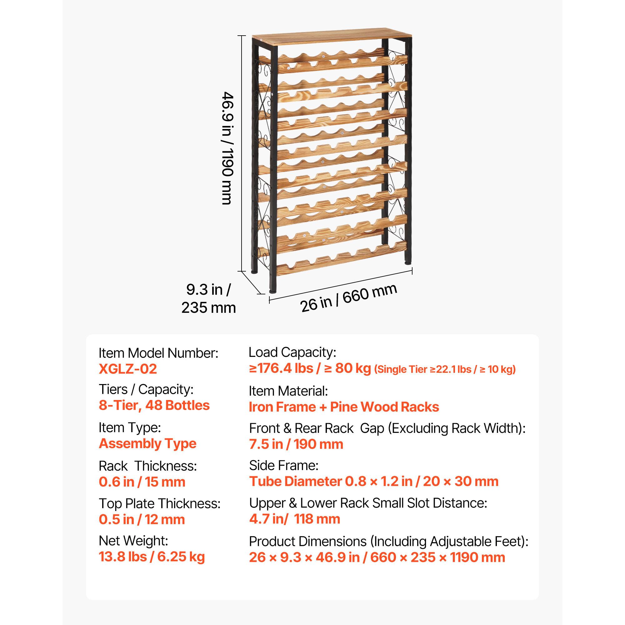 

SucceBuy 48 Bottle Wine Rack 8-Tier Iron Wine Bottle Holder With Wood Table Top For Kitchen Pantry Bar 26 L X 9.3 W X 46.9 H