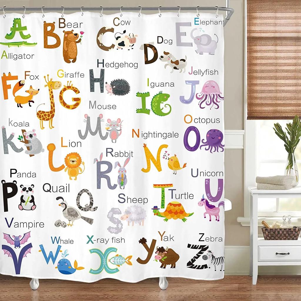 Kids Alphabet Shower Curtains For Bathroom Decor Abc Educational Learning Tool Baby Cartoon Animals Colorful Girls Boys Printed