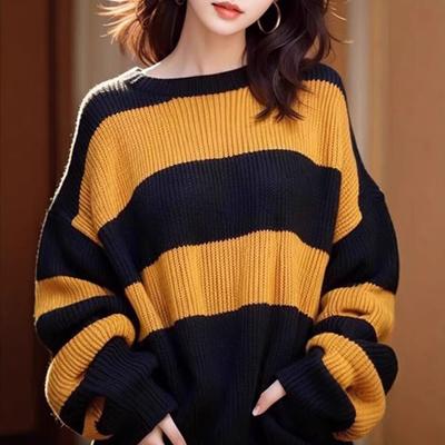 Color Blocking Striped Loose Sweater Women's Long Sleeved Pullover Knitted Sweater Top