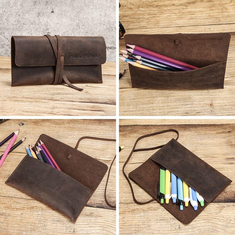 Cowhide Leather Pen Pouch Leather Pencil Storage Bag Retro Stationery Organizer  Office