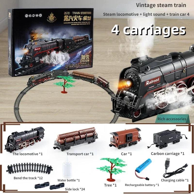 Retro Steam Train Set with Smoke Effect, Lights & Sounds, USB Rechargeable Christmas Train Railway Kits for Kids Holiday Gifts