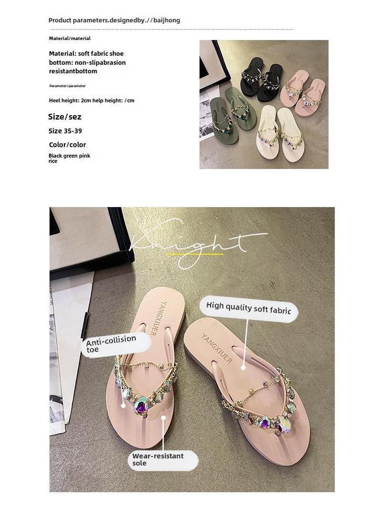 2023 Women's Summer Rhinestone Chain Flip Flops: Stylish Wedge Heel Sandals for Beach Vacations