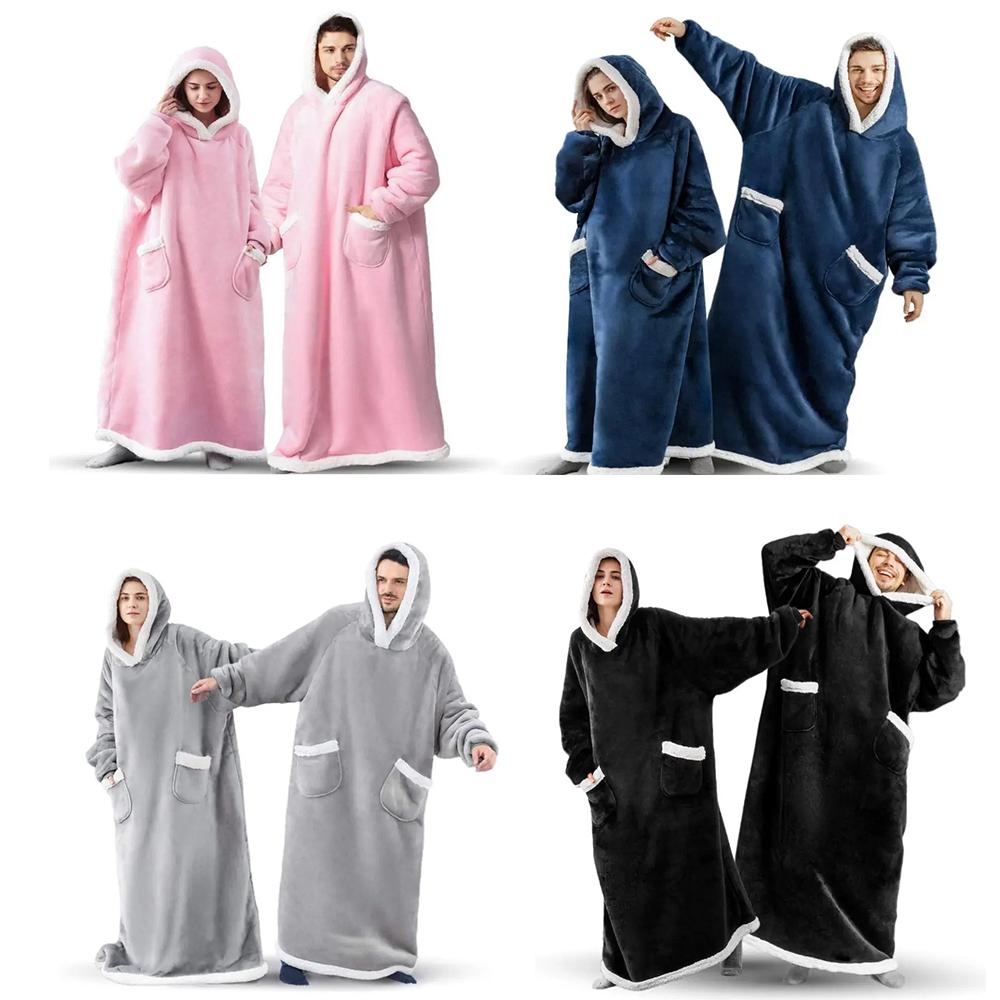 Super Long Flannel Blanket Pyjamas with Sleeves Winter Hoodies Sweatshirt Women Men Pullover Fleece Giant Oversized Warm Sleeping Robe