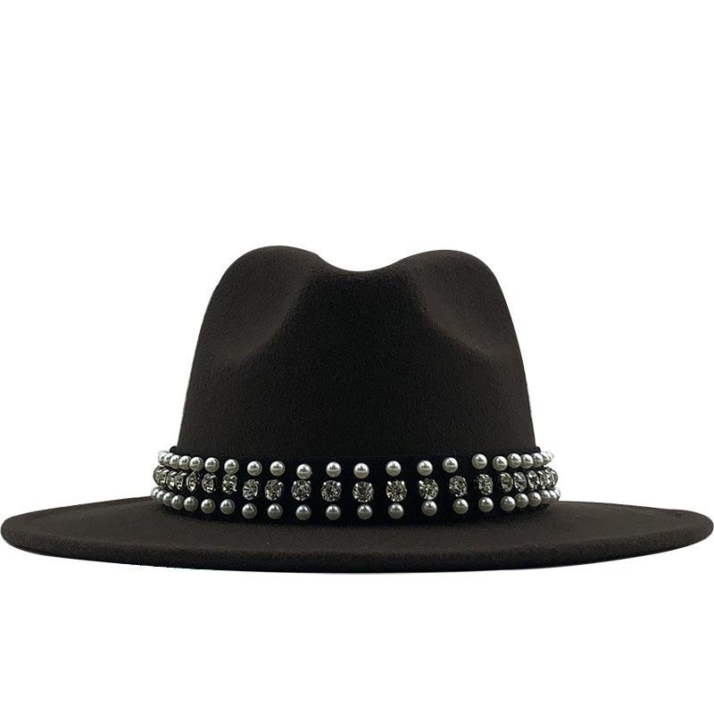 European, American and British Style Retro Fringed Pearl Chain Woolen Felt Hat Wide-brimmed Top Hat Korean Jazz Hat Lady Hat Tide