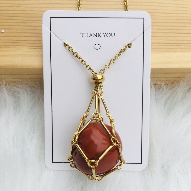 Adjustable Bamboo Link Chain Necklace With Handwoven Crystal Mesh Pendant Natural Gemstone Boho Choker Women Men
