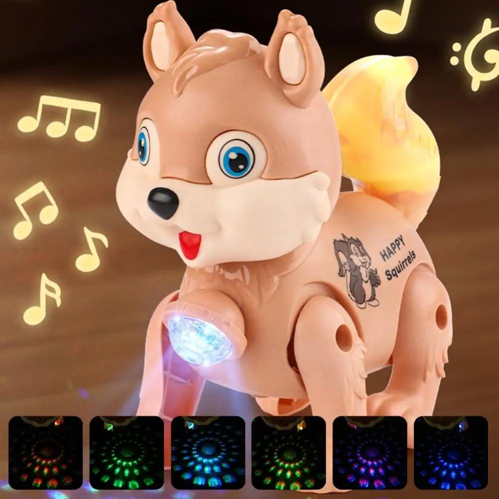 Niederspielzeug Eichhörnchen zum Gehen mit Leine, blinkendem LED-Licht und dynamischer Musik, interaktives sensorisches Spielzeug für Kinder